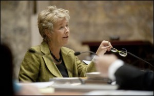 Justice Ann Bradley discusses a voluntary State Bar association during an Open Administrative Conference on Wednesday in the Supreme Court Hearing Room in Madison. By a 4-3 vote Wednesday, the court decided that the proposal lacked enough detail to warrant a public hearing. (Staff photo by Kevin Harnack)