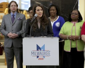 Liz Gilbert, president of the Milwaukee 2020 Host Committee, speaks on Jan. 30 during a press conference for potential volunteers for the 2020 Democratic National Convention in MIlwaukee. Gilbert and Adam Alonso, her fellow top official at Milwaukee's host committee for the 2020 Democratic National Convention, have been placed on leave pending an investigation into allegations that they have been overseeing an acrimonious workplace, (Mike De Sisti/Milwaukee Journal-Sentinel via AP)
