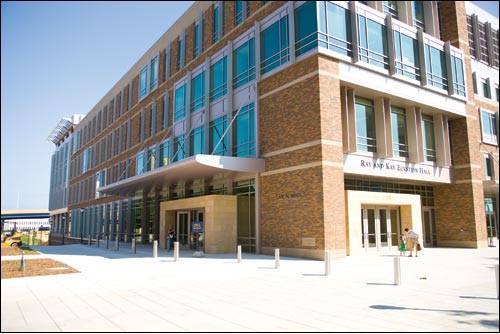 There are only two entrances to the law school, both on the northwest corner of the building to control entry points. The brick facade features a more traditional look, while still making use of elevated windows to filter natural light into the lobby. The law school also applied for Leadership in Energy and Environmental Design (LEED) certification with the United States Green Building Council.