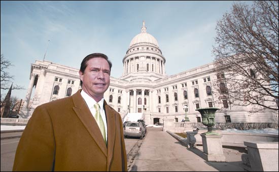 Wisconsin State Bar President James C. Boll stands Tuesday outside the Capitol in Madison. Boll appointed a committee to determine how the bar can better mobilize to respond to pending legislation. (WLJ photo by Kevin Harnack)