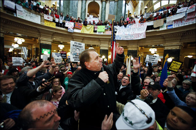 Teamsters President James Hoffa speaks at a rally in the state Capitol in Madison on Wednesday, the ninth day of protests over the governor's proposal to eliminate collective bargaining rights for many state workers. (AP Photo/Andy Manis)