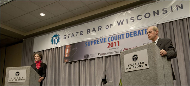 Wisconsin Supreme Court candidates Justice David Prosser and Attorney JoAnne Kloppenburg debate at the State Bar of Wisconsin in Madison on Monday. (Staff photo by Kevin Harnack