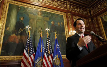 Gov. Scott Walker talks to the media at the state Capitol in Madison Feb. 17. (AP File Photo/Andy Manis)