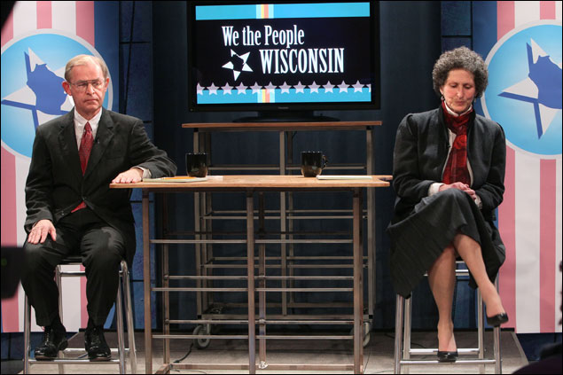 Justice David Prosser and Asstistant Attorney General JoAnne Kloppenburg get ready to debate March 25 at the Wisconsin Public Television studio in Madison. Pro-labor organizations and one of the country’s largest tea party groups are pouring money into Tuesday’s Supreme Court election. (AP File Photo/Milwaukee Journal-Sentinel, Michael Sears)
