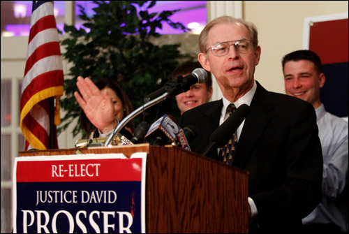 Justice David Prosser speaks to supporters April 5 at the Seven Seas Restaurant in Waukesha. Prosser's opponent in the race for a state Supreme Court seat, Assistant Attorney General JoAnne Kloppenburg, is raising money for a recount after a close race. (AP Photo/Darren Hauck)