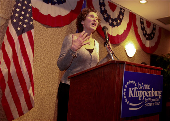 Wisconsin Supreme Court candidate JoAnne Kloppenburg, assistant attorney general, addresses her supporters Wednesday in Madison. Kloppenburg has declared victory over incumbent state Supreme Court Justice David Prosser. (AP Photo/Andy Manis)