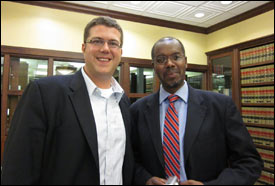 Milwaukee native Brian Anderson stands with Professor Jean-Marie Kamatali, assistant director of Ohio Northern University’s LLM Program. Kamatali inspired Anderson, a graduate of the program, to spend time in Rwanda, helping to streamline the republic’s court system.