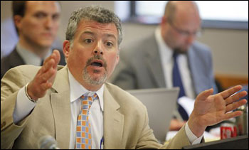 Jeremy Levinson, an attorney for Democrat state senators being recalled, offers a rebuttal presentation during an open session meeting of Wisconsin's Government Accountability Board in the agency's board room in Madison on June 8. (AP Photo/Wisconsin State Journal, M.P. King)