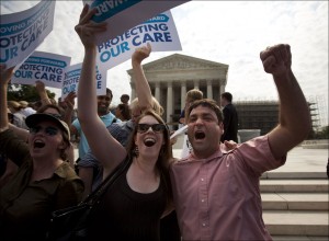 Claire McAndrew, left, and Donny Kirsch, both of Washington, celebrate outside the Supreme Court in Washington after the high court upheld President Barack Obama's health care overhaul. Three months before uninsured people can start shopping for coverage, some big unknowns loom amid the surprise announcement last week, July 2013, that the White House is delaying a requirement that many employers offer coverage, has raised questions about other major parts of the biggest expansion of society's safety net since Medicare nearly 50 years ago. People will judge Obama's law on three main points: premiums, choice and the overall consumer experience. (AP Photo/Evan Vucci, File)