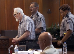 John Spooner is led out of the courtroom after the jury read a verdict of guilty in his trial, Wednesday, July 17, 2013 in Milwaukee. The jury deliberated less than a hour and found John Henry Spooner, 76, guilty of first-degree intentional homicide for fatally shooting his 13-year-old neighbor, Darius Simmons on May 12, 2012. (AP Photo/Milwaukee Journal Sentinel, Kristyna Wentz-Graff)