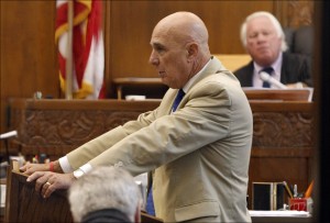 Defense attorney Franklyn Gimbel delivers closing arguments during the murder trial of John Spooner at Milwaukee County Court on Friday, July 19, 2013, in Milwaukee. Spooner was found guilty of first-degree intentional homicide Wednesday, a verdict that advanced the trial to a second phase in which the jurors were asked to determine whether he was mentally ill at the moment he pulled the trigger. (AP Photo/Milwaukee Journal-Sentinel, Kristyna Wentz-Graff)
