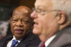 Rep. John Lewis, D-Ga., left, turns to thank Rep. James Sensenbrenner, R-Wis., as he finishes his testimony in support of the Voting Rights Act on Capitol Hill in Washington. The white Wisconsin lawyer and the black preacher from Georgia are veteran lawmakers and experts in civil rights law. When it comes to revising the Voting Rights Act of 1965, they’ve been here before. Sensenbrenner and Lewis are working together amid a Congress marked by a bitter aversion to working together. (AP Photo/Jacquelyn Martin)