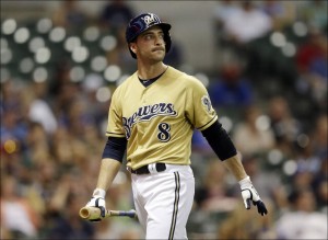 Milwaukee Brewers' Ryan Braun reacts after striking out after pinch hitting during the 11th inning of a baseball game against the Miami Marlins in Milwaukee. A former college classmate sued Braun, saying the Brewers slugger sought his help in fighting a failed drug test, balked on paying him and then disparaged him when asked why their friendship soured. (AP Photo/Morry Gash, File)