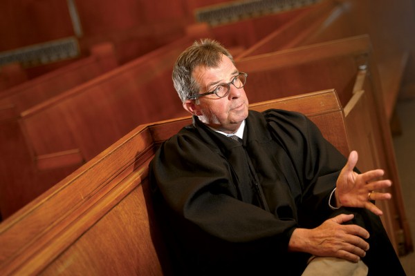 Chief Circuit Judge L. Edward Stengel talks in his Branch 1 courtroom about changes he has seen during his tenure at the Sheboygan County Courthouse.