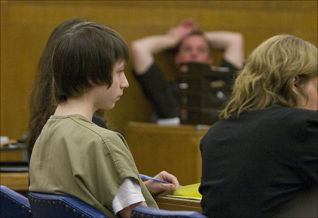 Nathan Paape, 14, appears during the sentencing hearing Tuesday Aug. 13, 2013 in Sheboygan, Wisc., County Circuit Court Branch 2. Paape was given a life term for his involvement in the murder of Barbara Olson and is eligible for parole in 2043. Prosecutors say Paape and 14-year-old Antonio Barbeau broke into Barbara Olson's home in Sheboygan Falls last year to rob her and then killed her with a hammer and a hatchet. The 78-year-old victim is Barbeau's great-grandmother. (AP Photo/The Sheboygan Press, Gary C. Klein)