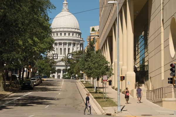 The state Capitol is visible from outside the Dane County Courthouse.