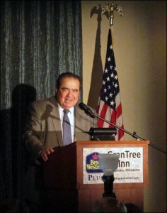 U.S. Supreme Court Associate Justice Antonin Scalia gives a speech sponsored by the Federalist Society in Bozeman, Mont., on Monday, Aug. 19, 2013. Scalia said the U.S. Supreme Court is making decisions that should be left to Congress or the people, from wiretapping to "inventing" new classes of minorities. Scalia spoke before more than 300 people in Bozeman in a gathering sponsored by the Federalist Society, which he helped launch more than 30 years ago to fight the perception of liberal bias at the nation's law schools. (AP Photo/Matt Volz)