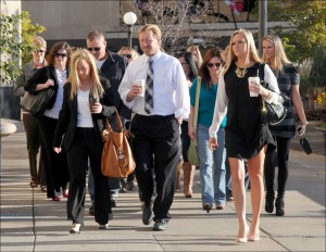Family and friends of murder victim Kira Steger, including her father, Jay Steger, center, walk to the Ramsey County Courthouse in St. Paul, Minn. for closing arguments in the murder trial of her husband, Jeffery Trevino, on Tuesday, Oct. 1, 2013. Jeffery Trevino, 39, is charged with two counts of second-degree murder in the death of Kira Steger. He has pleaded not guilty. Steger was last seen on the evening of Feb. 21, 2013. On May 8, Steger's body was pulled from the Mississippi River. (AP Photo/St. Paul Pioneer Press, John Doman)