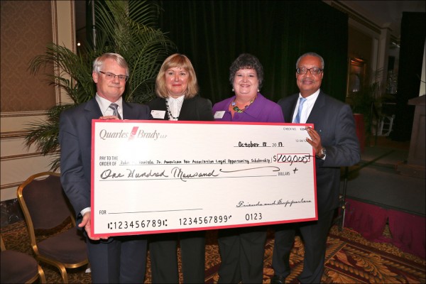 (Left to right) Fred Lautz, managing partner of Quarles & Brady LLP; Kimberly Leach Johnson, Quarles & Brady chair; Krista Kauper, ABA Fund for Justice and Education director; and John W. Daniels Jr., Quarles’ chairman emeritus, gather to announce Quarles’ new Legal Opportunity Scholarship Fund in honor of Daniels and his years of service to the firm and legal community. The scholarship launched with more than $100,000 in contributions from Quarles & Brady, colleagues of Daniels and numerous other friends and clients. Daniels completed his tenure as chairman of the firm in September. (Photo courtesy of Quarles & Brady LLP)
