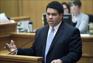 Dane County District Attorney Ismael Ozanne gives his opening statement during the trial of Chad Chritton in Dane County Court in Madison, Wis. Ozanne, a Democrat, announced Thursday, Nov. 7, 2013, that he is running for Wisconsin attorney general. One Republican, Waukesha County District Attorney Brad Schimel, has also announced he's running. The seat is open after Republican Attorney General J.B. Van Hollen announced he won't seek a third term. (AP Photo/Wisconsin State Journal,M.P. King.)