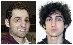 Tamerlan, left, and Dzhokhar Tsarnaev, suspects in the Boston Marathon bombings on April 15, 2013. Tamerlan Tsarnaev died after a gunfight with police several days later, and Dzhokhar Tsarnaev, was captured and is held in a federal prison on charges of using a weapon of mass destruction. A year after the bombings, prosecutors said they have a trove of evidence to use against Dzhokhar Tsarnaev, including surveillance video showing him placing one of the bombs just yards from Martin Richard, the 8-year-old boy who died in the blast. (AP Photos/Lowell Sun and FBI, File)