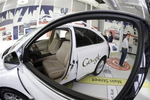 a Google self-driving car is shown in an exhibit at the Computer History Museum in Mountain View, Calif. Four years ago, the Google team developing cars which can drive themselves became convinced that, sooner than later, the technology would be ready for the masses. There was just one problem: Driverless cars almost certainly were illegal.(AP Photo/Eric Risberg)