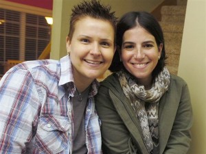 Amy Sandler, right, and her wife, Niki Quasney, pose for a photo in Munster, Ind. Lambda Legal filed papers with the Seventh Circuit Court of Appeals asking the court on an emergency basis to recognize the marriage of Quasney and Sandler while the case proceeds, because Niki battles Stage IV ovarian cancer. The stay was issued last week and prevents further marriages of same-sex couples in Indiana until the appeals court issues its decision in Baskin v. Bogan, Lambda Legal's lawsuit seeking the freedom to marry for all Hoosiers. (AP Photo/Sun-Times Media, Jeffrey D. Nicholls)