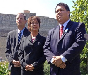 State Rep. Jon Richards, left, and Dane County District Attorney Ismael Ozanne, right, endorse Jefferson County District Attorney Susan Happ for Wisconsin attorney general during a news conference Friday, Aug. 15, 2014, in Milwaukee. Happ defeated Richards and Ozanne in the Democratic primary and faces Waukesha County District Attorney Brad Schimel, a Republican, in the general election. (AP Photo/M.L. Johnson)