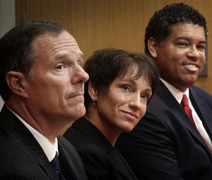 Democratic candidates for the office of Wisconsin Attorney General participate in a debate at the University of Wisconsin-Madison Law School in Madison, Wis., Tuesday, Aug. 5, 2014. From left are Jon Richards, Susan Happ and Ismael Ozanne. (AP Photo/Wisconsin State Journal, John Hart)
