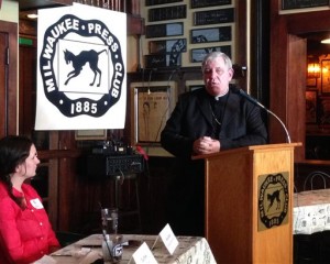 Milwaukee Archbishop Jerome Listecki speaks to members of the Milwaukee Press Club, in Milwaukee. The archdiocese enters mediation with sexual abuse victims Monday to try to resolve its bankruptcy lawsuit. (AP Photo/M.L. Johnson)