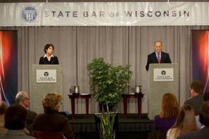 Wisconsin Attorney General candidates Susan Happ and Brad Schimel participate in a debate at the Wisconsin State Bar Center in Madison, Wis. Wednesday, Oct. 29, 2014. (AP Photo/Wisconsin State Journal, John Hart)