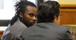Darshawn Frison appears in court before his trial begins on Monday, Oct. 20, 2014, in Kenosha, Wis. Frison is on trial for the murder of Zachary Hernandez and Carlos Garcia. (AP Photo/Kenosha News, Sean Krajacic)
