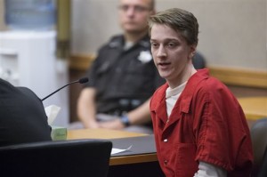 Daniel Bartelt speaks to the family of Jessie Blodgett during his sentencing, Tuesday, Oct. 14, 2014, in Washington County Court in West Bend, Wis. Bartlet, 20, convicted in August of first-degree intentional homicide in the death of the 19-year-old in July 2013, was sentenced sentenced to life in prison with no chance of parole. (AP Photo/Milwaukee Journal-Sentinel, Mark Hoffman)