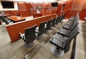 a view of the jury box, right, inside Courtroom 201, where jury selection in the trial of Aurora movie theater shootings defendant James Holmes is to begin on Jan. 20 at the Arapahoe County District Court in Centennial, Colo. The trial begins with 9,000 possible jurors and a rare opportunity to see a mass shooter stand trial. (AP Photo/Brennan Linsley, Pool, File)