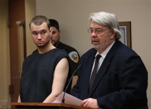 Dean M. Sutcliffe, 17, of Mazomanie, makes an initial appearance, with public defender John Tradewell, right, at the Public Safety Building Thursday, Feb. 12, 2015, in Madison, Wis. Sutcliffe is charged with two counts of first-degree intentional homicide after a shooting last Monday, in Mazomanie, that left Ariyl Brady, 16, and Christopher Schwichtenberg, 39, dead. (AP Photo/Wisconsin State Journal, Amber Arnold)