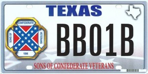 This image provided by the Texas Department of Motor Vehicles shows the design of a proposed Sons of Confederate Veterans license plate. The Supreme Court on March 23, 2015, will weigh a free-speech challenge to Texas’ decision to refuse to issue a license plate bearing the Confederate battle flag. Specialty plates are big business in Texas, where drivers spent $17.6 million last year to choose from among more than 350 messages the state allows on the plates. (AP Photo/Texas Department of Motor Vehicles)