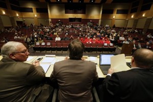 Committee members welcome the visitors at the start of the Joint Finance Committee public hearing at Brillion High School Wednesday, March 18, 2015, in Brillion, Wis. (AP Photo/The Post-Crescent, Dan Powers)