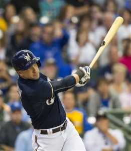 Milwaukee Brewers Ryan Braunwatches his fly ball to right field against the Kansas City Royals' during the first inning of a baseball game Tuesday, June 16, 2015, in Milwaukee. (AP Photo/Tom Lynn)