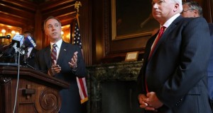 Assembly Speaker Robin Vos, R-Rochester, left, speaks about the ongoing state budget deliberations during a press conference held by the Republican legislative leaders as Senate Majority Leader Scott Fitzgerald, R-Juneau, looks on in the Senate Parlor of the Wisconsin State Capitol in Madison, Wis., on Wednesday, July 1, 2015. (John Hart/Wisconsin State Journal via AP)
