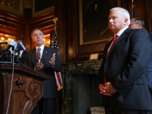 Assembly Speaker Robin Vos, R-Rochester, left, speaks about the ongoing state budget deliberations during a press conference held by the Republican legislative leaders as Senate Majority Leader Scott Fitzgerald, R-Juneau, looks on in the Senate Parlor of the Wisconsin State Capitol in Madison, Wis., on Wednesday, July 1, 2015. (John Hart/Wisconsin State Journal via AP)