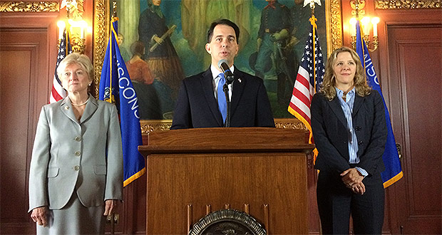 Gov. Scott Walker (center) announces Friday at the state Capitol that Judge Rebecca Bradley (right) will fill the vacancy on the Supreme Court left by the sudden death of Justice Patrick Crooks in September. Chief Justice Pat Roggensack (left) and Bradley joined him at the press conference announcing the appointment. A time has not yet been set for when Bradley will be sworn in. (Staff photo by Erika Strebel)