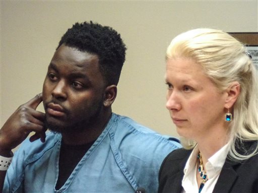 Former Wisconsin and Denver Broncos running back Montee Ball, left, appears in court with his lawyer, Erika Bierma, Monday, Feb. 8, 2016, in Madison, Wisc. Ball will not face felony charges after an apparent argument with his girlfriend. Prosecutors charged Ball on Monday with disorderly conduct, a misdemeanor, for an incident at a downtown Madison hotel early Friday. (Ed Treleven/Wisconsin State Journal via AP)