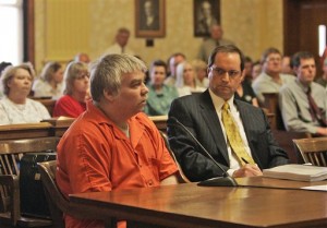 Steven Avery, left, appears during his sentencing hearing as his attorney Jerome Buting listens at the Manitowoc County Courthouse. Avery was convicted of murdering the photographer Teresa Halbach in 2005 and sentenced to life in prison with no chance for parole. Buting has a deal with HarperCollins Publishers for a book being released next year. The book will be released through the Harper imprint. The case was the subject of the Netflix series, "Making A Murderer." (Dan Powers/The Post-Crescent via AP, File)
