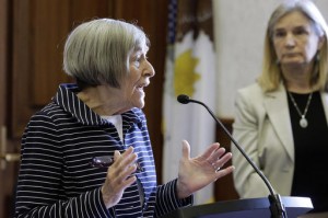 Illinois Rep. Barbara Flynn Currie, D-Chicago, left, testifies during a House committee hearing at the Illinois State Capitol Tuesday, May 24, 2016, in Springfield, Ill. Looking on is Betsy Clarke, founder and president of the Juvenile Justice Initiative. Juveniles would be guaranteed a lawyer during interrogations in murder investigations with a bill Illinois lawmakers are considering. (AP Photo/Seth Perlman)