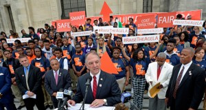 Louisiana Gov. John Bel Edwards speaks at a Raise the Age rally for Juvenile Justice System reform on the steps of the Louisiana state Capitol in Baton Rouge, La., on April 6. Louisiana and Wisconsin are two of nine states where 17-year-olds are treated as adults when it comes to the criminal justice system. However, that could change amid a time when jurisdictions across the country are re-evaluating get-tough-on-crime policies. (Bill Feig/The Advocate via AP)
