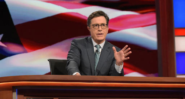 Stephen Colbert, host of "The Late Show with Stephen Colbert," appears during a July 27 broadcast in New York. Lawyers representing his old show company complained to CBS after Colbert revived the character he played under his own name on “The Colbert Report," a clueless, full-of-himself cable news host. (Scott Kowalchyk/CBS via AP)