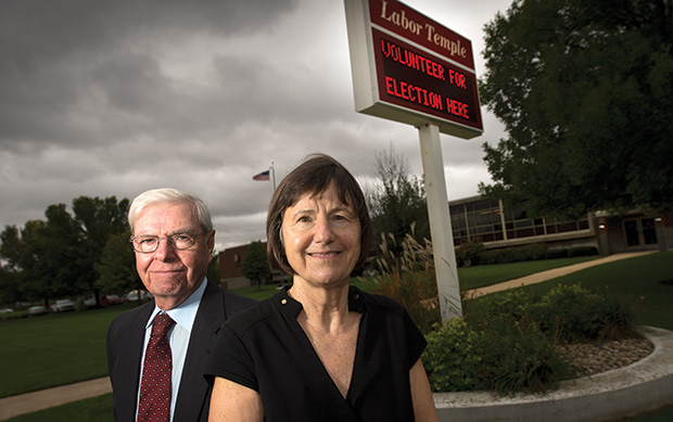 Frederick Wade and Marilyn Townsend stand outside the Labor Temple in Madison on Oct. 7. Wade and Townsend are representing Lela Operton pro bono in a substantial-fault case in front of the state Supreme Court. (Staff photo by Kevin Harnack)