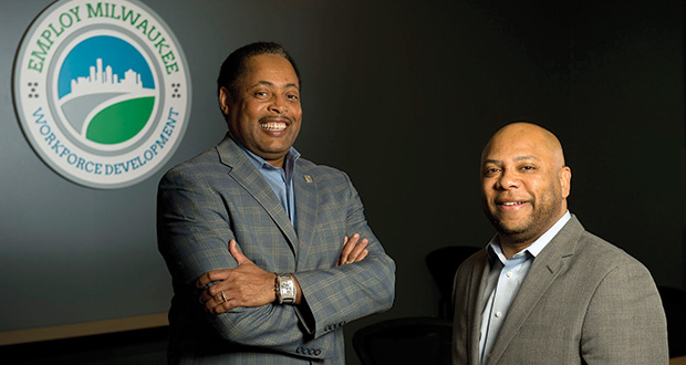Willie Wade (left) and Earl Buford of Employ Milwaukee stand at the organization’s office. Both Wade and Buford see benefits to a diverse workforce in the city.  (Staff photo by Kevin Harnack)