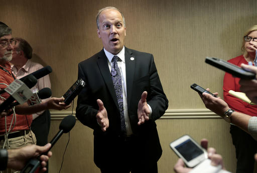 Wisconsin Attorney General Brad Schimel speaks to reporters in Madison, Wis., in July. The Wisconsin Supreme Court rejected Democrats' efforts Wednesday to force the release of training videos featuring Republican Schimel before he became attorney general. The court found Schimel hadn't said anything inappropriate in the videos, as Democrats initially alleged, and that releasing them could hurt prosecutors and crime victims. (Michael P. King/Wisconsin State Journal via AP, File)
