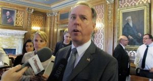 Assembly Speaker Robin Vos talks to the media on Wednesday, June 3, 2015 in Madison, Wis.    Vos says Republicans are discussing delaying $1.3 billion worth of highway construction and other roads projects across Wisconsin since Gov. Scott Walker is unwilling to raises taxes or fees to pay for it.  (AP Photo/Scott Bauer)